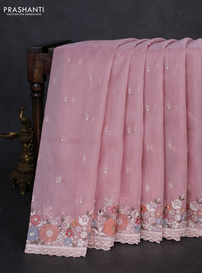 Organza saree pastel pink with embroidery buttas and embroidery border