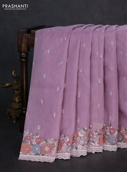 Organza saree lavender with embroidery buttas and embroidery border