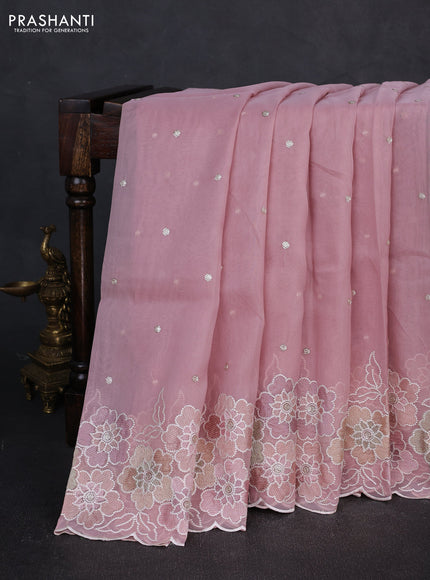 Organza saree pastel pink with sequin embroidery buttas and floral embroidery border