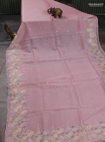 Organza saree pastel pink with sequin embroidery buttas and floral embroidery border