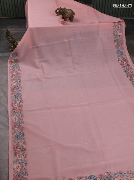 Organza saree peach pink shade with plain body and convent embroidery border