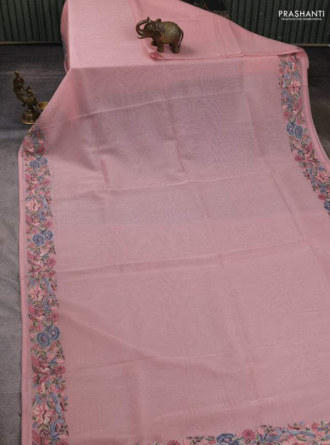 Organza saree peach pink shade with plain body and convent embroidery border