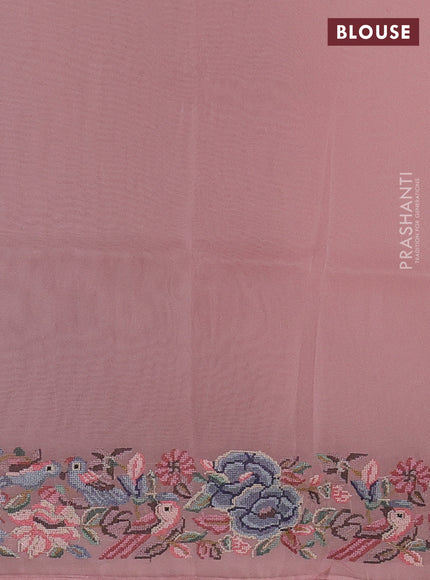 Organza saree peach pink shade with plain body and convent embroidery border