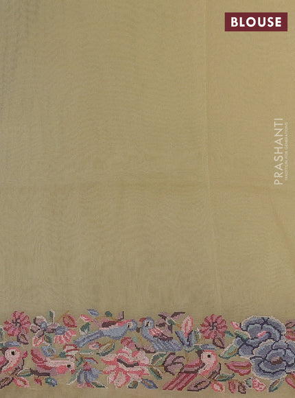 Organza saree pale yellow with plain body and convent embroidery border