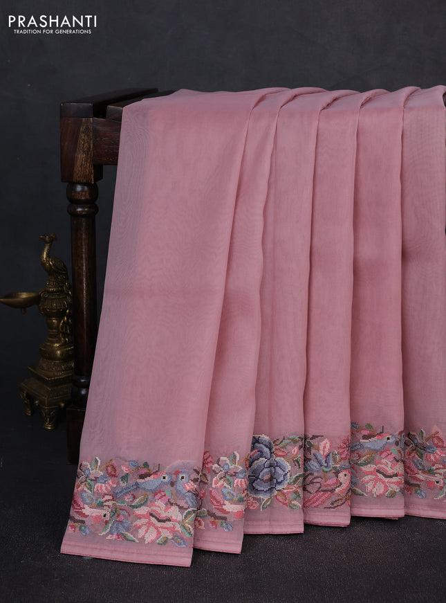 Organza saree pastel pink with plain body and convent embroidery border