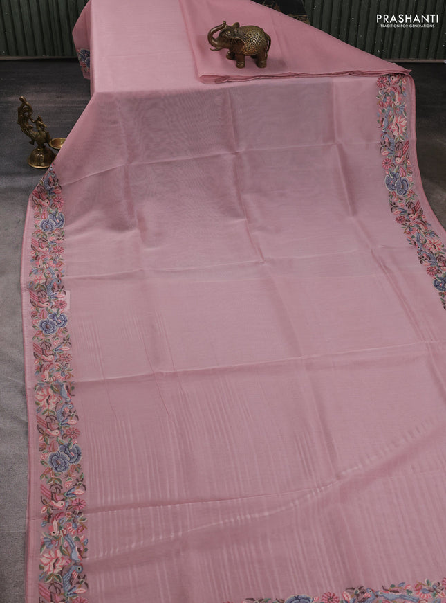 Organza saree pastel pink with plain body and convent embroidery border