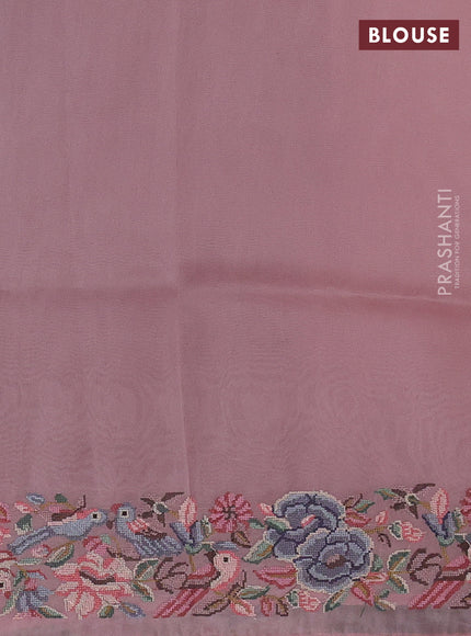 Organza saree pastel pink with plain body and convent embroidery border