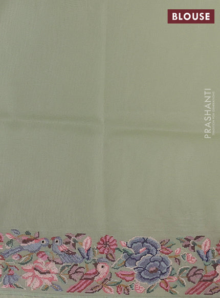 Organza saree pista green with plain body and convent embroidery border
