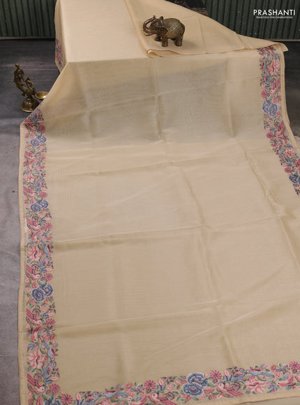 Organza saree beige with plain body and convent embroidery border