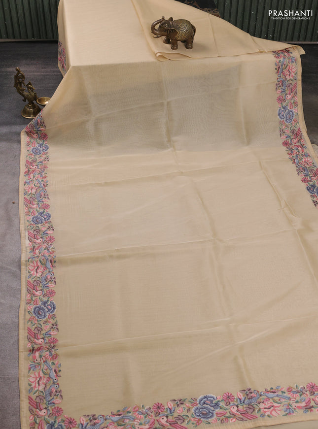 Organza saree beige with plain body and convent embroidery border