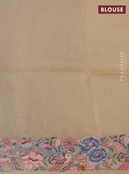 Organza saree beige with plain body and convent embroidery border