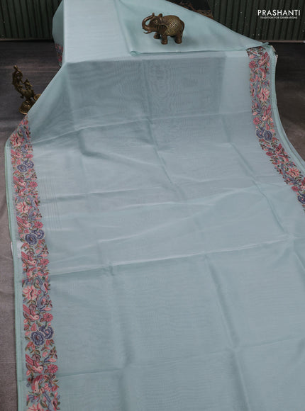 Organza saree teal blue with plain body and convent embroidery border