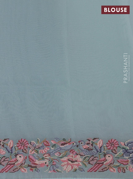 Organza saree teal blue with plain body and convent embroidery border