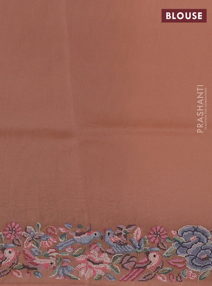 Organza saree peach shade with plain body and convent embroidery border