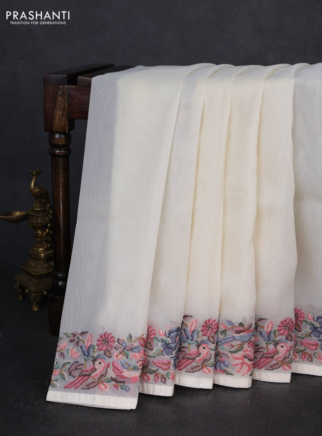 Organza saree cream with plain body and convent embroidery border