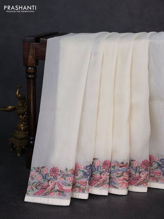 Organza saree cream with plain body and convent embroidery border