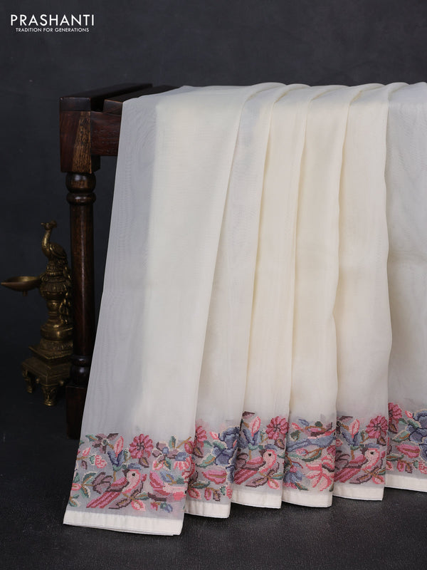 Organza saree cream with plain body and convent embroidery border