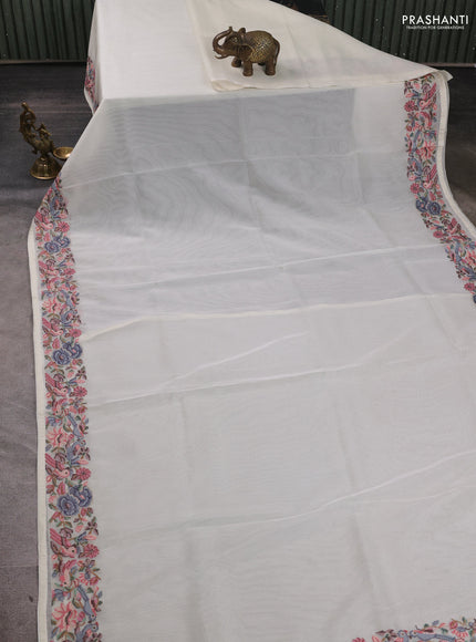 Organza saree cream with plain body and convent embroidery border