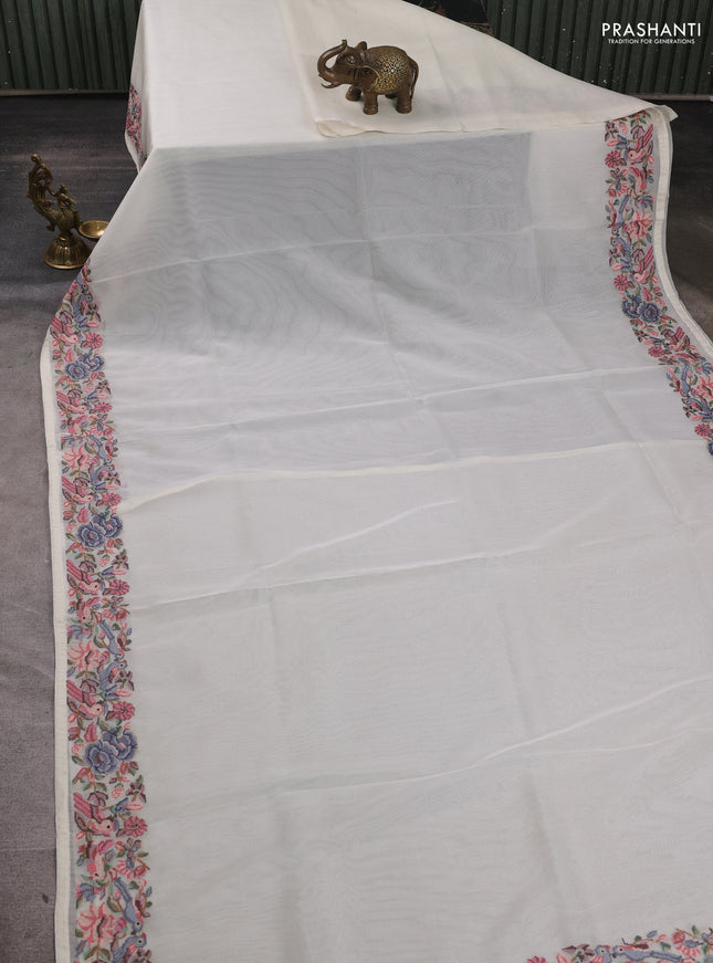 Organza saree cream with plain body and convent embroidery border