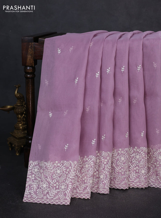 Organza saree lavender with embroidery buttas and embroidery border