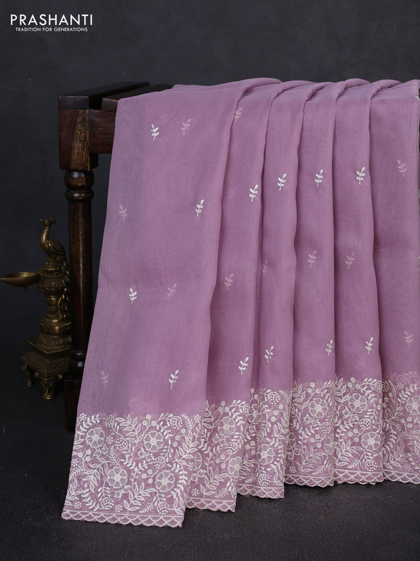 Organza saree lavender with embroidery buttas and embroidery border