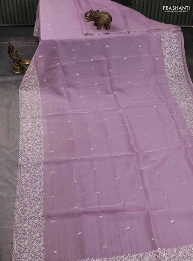 Organza saree lavender with embroidery buttas and embroidery border