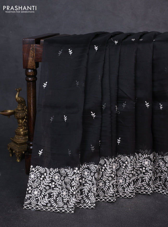 Organza saree black with embroidery buttas and embroidery border