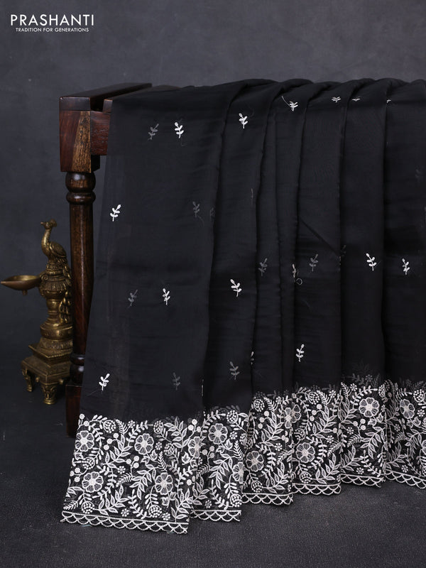Organza saree black with embroidery buttas and embroidery border