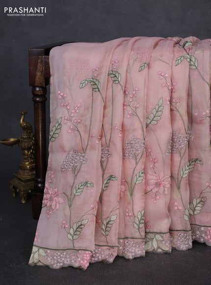 Tissue organza saree baby pink with allover floral embroidery and embroidery border