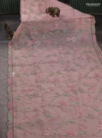 Tissue organza saree baby pink with allover floral embroidery and embroidery border