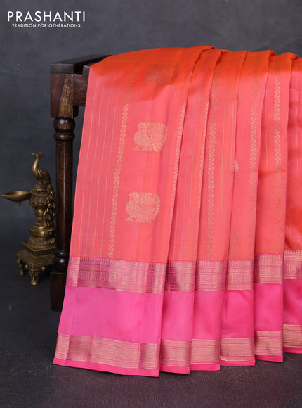 Kanchipuram silk saree peach orange and peach pink with allover zari weaves & buttas and long rettapet zari woven border