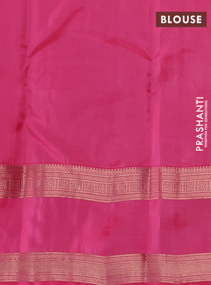 Kanchipuram silk saree peach orange and peach pink with allover zari weaves & buttas and long rettapet zari woven border