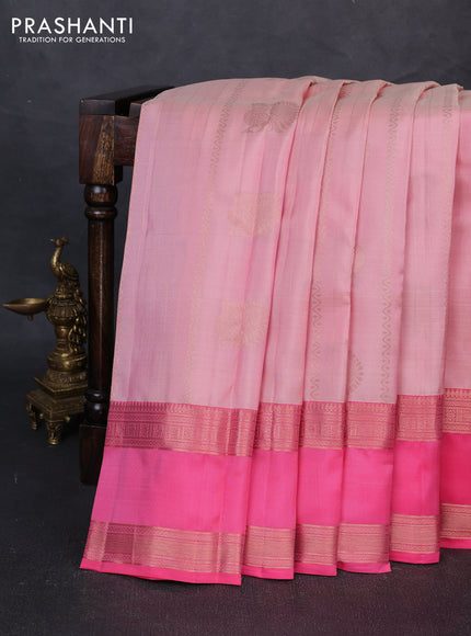 Kanchipuram silk saree pastel pink and peach pink with allover zari weaves & buttas and long rettapet zari woven border