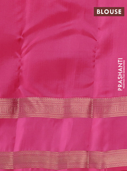 Kanchipuram silk saree pastel pink and peach pink with allover zari weaves & buttas and long rettapet zari woven border