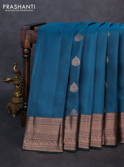 Kanchipuram silk saree peacock green and bottle green with copper zari woven buttas and copper zari woven border