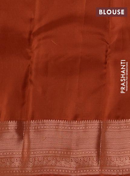 Kanchipuram silk saree sandal and rust shade with copper zari woven buttas and copper zari woven border