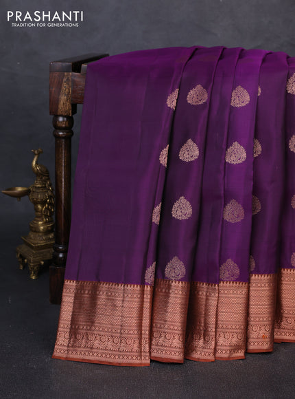 Kanchipuram silk saree violet and rust shade with copper zari woven buttas and copper zari woven border