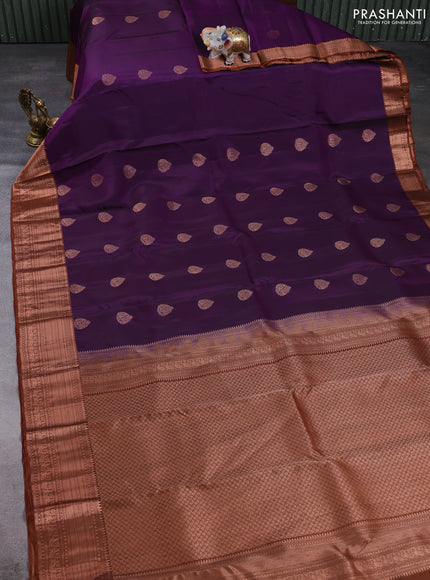 Kanchipuram silk saree violet and rust shade with copper zari woven buttas and copper zari woven border