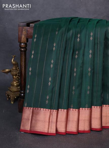 Kanchipuram silk saree bottle green and maroon with allover copper weaves & buttas and copper zari woven border