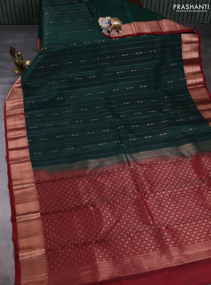 Kanchipuram silk saree bottle green and maroon with allover copper weaves & buttas and copper zari woven border