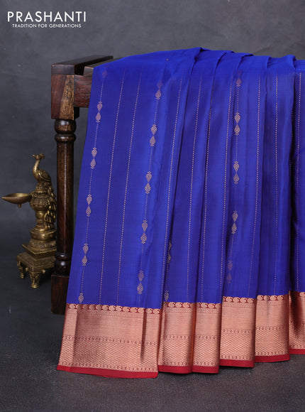 Kanchipuram silk saree blue and maroon with allover copper weaves & buttas and copper zari woven border