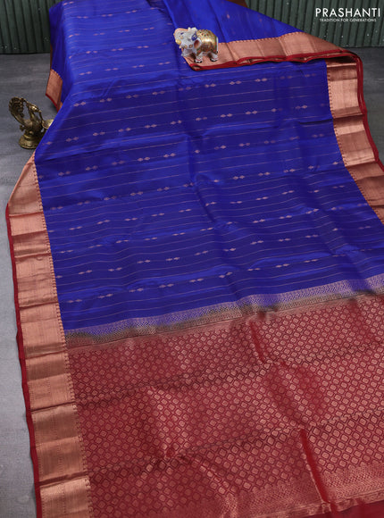 Kanchipuram silk saree blue and maroon with allover copper weaves & buttas and copper zari woven border