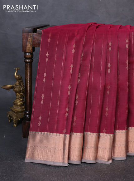 Kanchipuram silk saree deep wine and grey with allover copper weaves & buttas and copper zari woven border