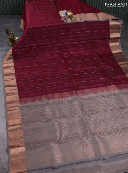 Kanchipuram silk saree deep wine and grey with allover copper weaves & buttas and copper zari woven border