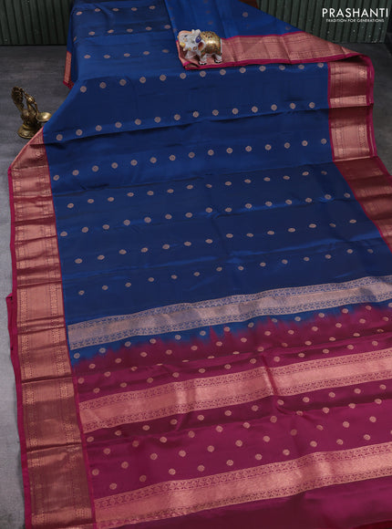 Kanchipuram silk saree peacock blue and pink with allover copper zari woven buttas and zari woven border