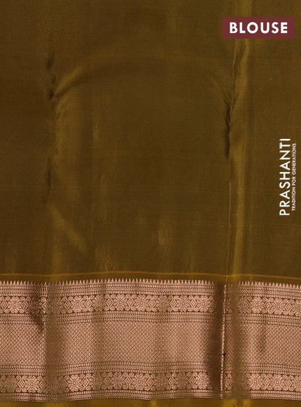 Kanchipuram silk saree deep purple and mustard green with allover copper zari woven buttas and copper zari woven border