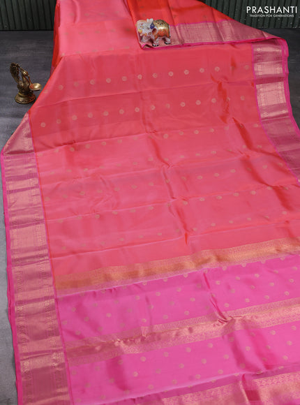 Kanchipuram silk saree peach orange and pink with allover copper zari woven buttas and copper zari woven border