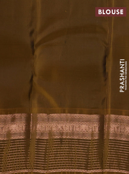 Kanchipuram silk saree green and mustard green with allover copper zari woven buttas and copper zari woven border