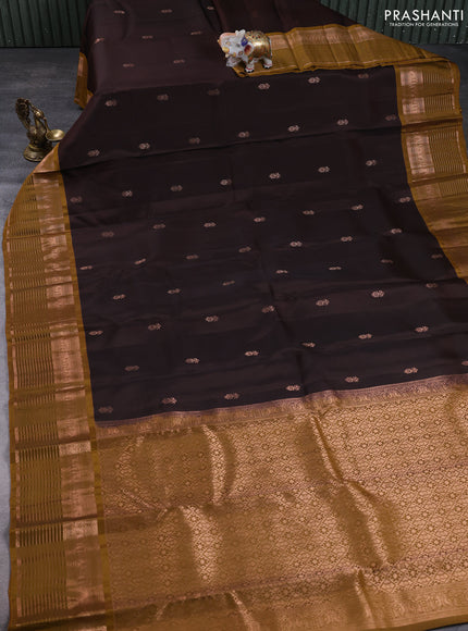Kanchipuram silk saree coffee brown and mustard green with allover copper zari woven buttas and copper zari woven border