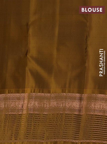 Kanchipuram silk saree coffee brown and mustard green with allover copper zari woven buttas and copper zari woven border